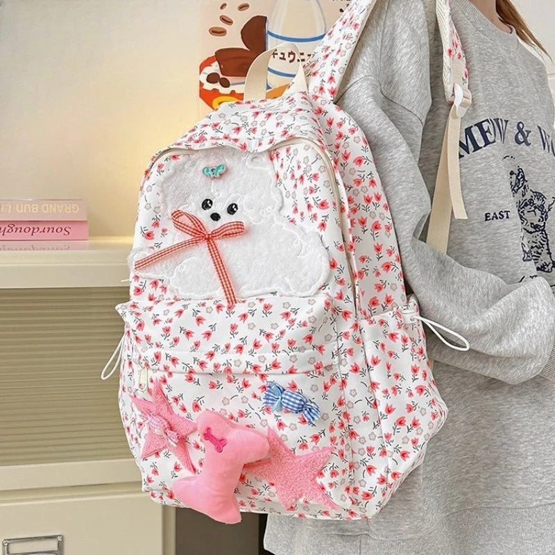 Cyflymder  Sweet Flower Print Kawaii Cartoon Dog Bags for Women Ins Y2k Aesthetic Chic Bow Star Backpacks High-capacity Fashion Schoolbags