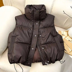 Cyflymder WINTER OUTFITS Women Casual Solid Warm Sleeveless Vest Coat Mock Neck PU Thicken Jacket Button Up Loose Women Down Jacket Autumn Winter