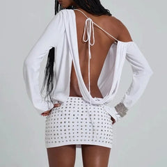 Cyflymder   Women Sexy Lace Up Backless Rivets Diamonds Bodycon Mini Dress Slash Neck Off Shoulder Long Sleeve Slim Party Clubwear Vestidos