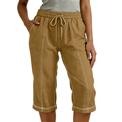 Cyflymder  Women's Color Blocking Capri Pants Drawstring High Waist Cropped Trousers With Pockets Casual Loose Fit Summer Beach Trousers