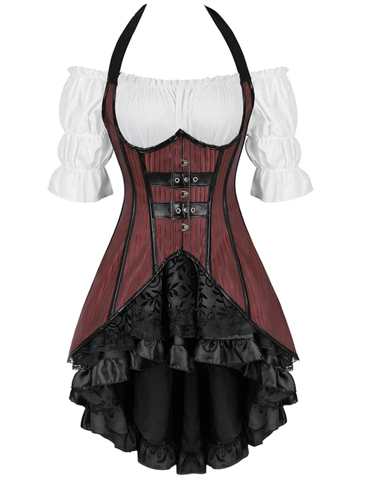 Cyflymder  Steampunk Corset Skirt Blouse Halter Striped Underbust Bustiers Gothic Bustier Corsette Halloween Party Outfits Carnival Costume