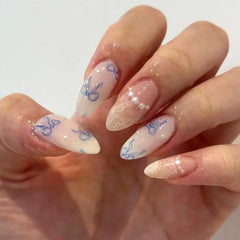 Cyflymder  Blue Ribbon Bowknot White Flora Lace Pearl French Nail Art Wearable False Nails Detachable Finished Fake Nails Press on Nails