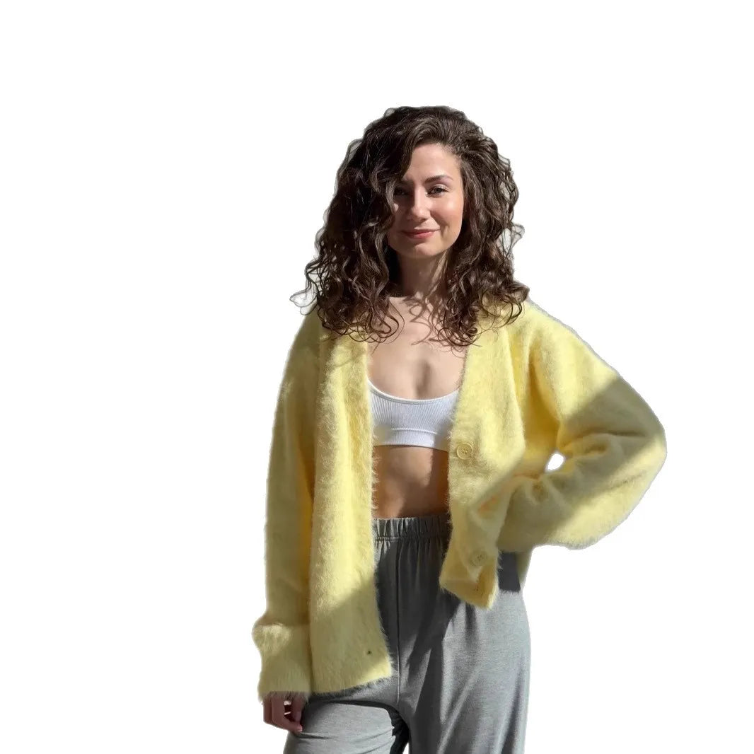 Cyflymder  Thiened Loose Knitted Cardigan Women's V-ne Fake Mink Sweater Soft Autumn New Sle Top Faion Outerwear Coat
