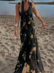 Cyflymder  Women's Summer V-Neck Sleeveless Midi Dress Female Sexy Printed Pleated Decoration Sling Waist Evening Party Dress