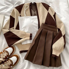 Cyflymder Fashion Hot Girl Knitting Suit Sling Sweater Cardigan Coat Autumn Winter Pleated Short Skirt Sweet Elegant Three-piece Set