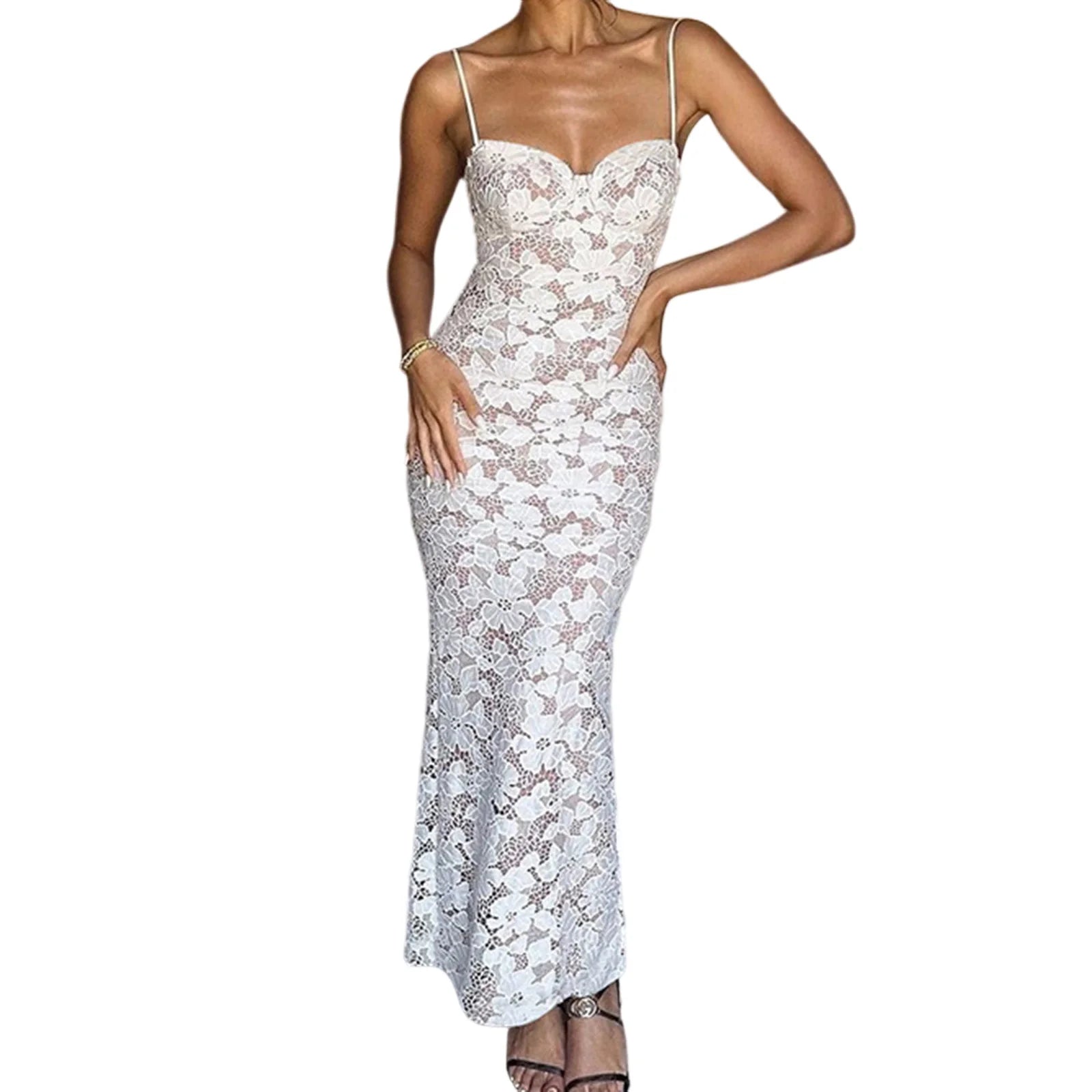 Cyflymder  Elegant Floral Lace Sleeveless Bodycon Dress with Spaghetti Straps and Sweetheart Neckline for Evening Party Clubwear