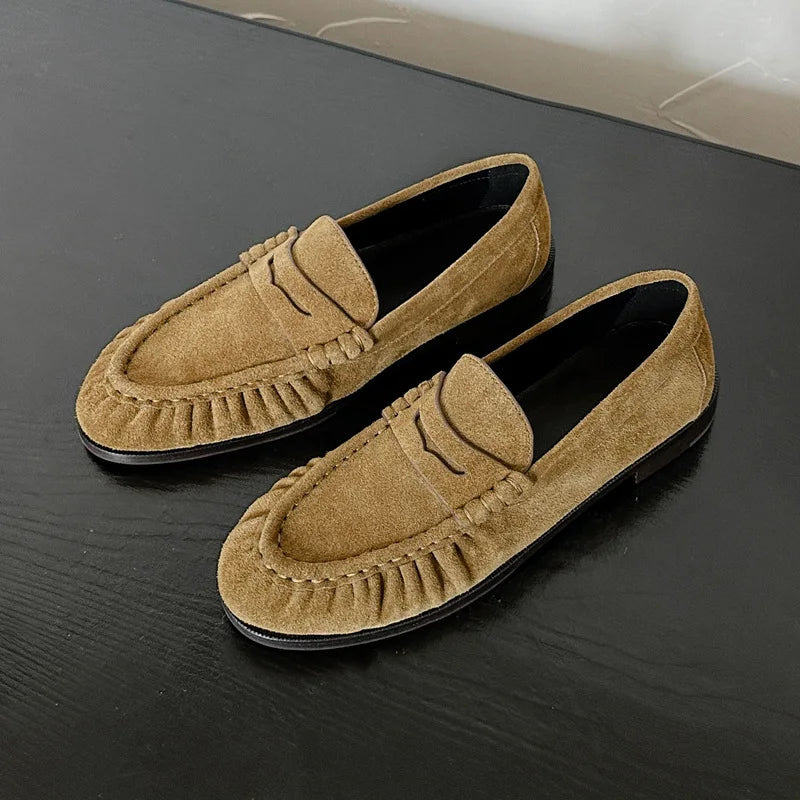 Cyflymder  Lady Loafers Model Handcrafted Retro Pleated Single Shoes for Women, Women's Low-Heeled Leather Suede Shoes