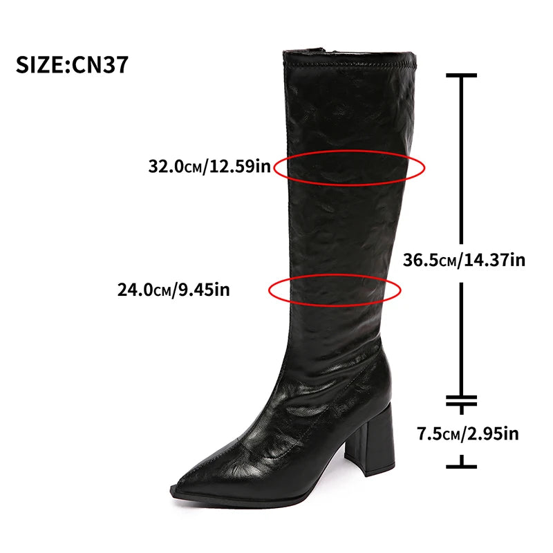 Cyflymder   Trend Pointed Toe High Heel Boots Women Zipper Square Heel Mid-Calf Boots Woman Soft Pu Leather Streetwear Long Botas Female