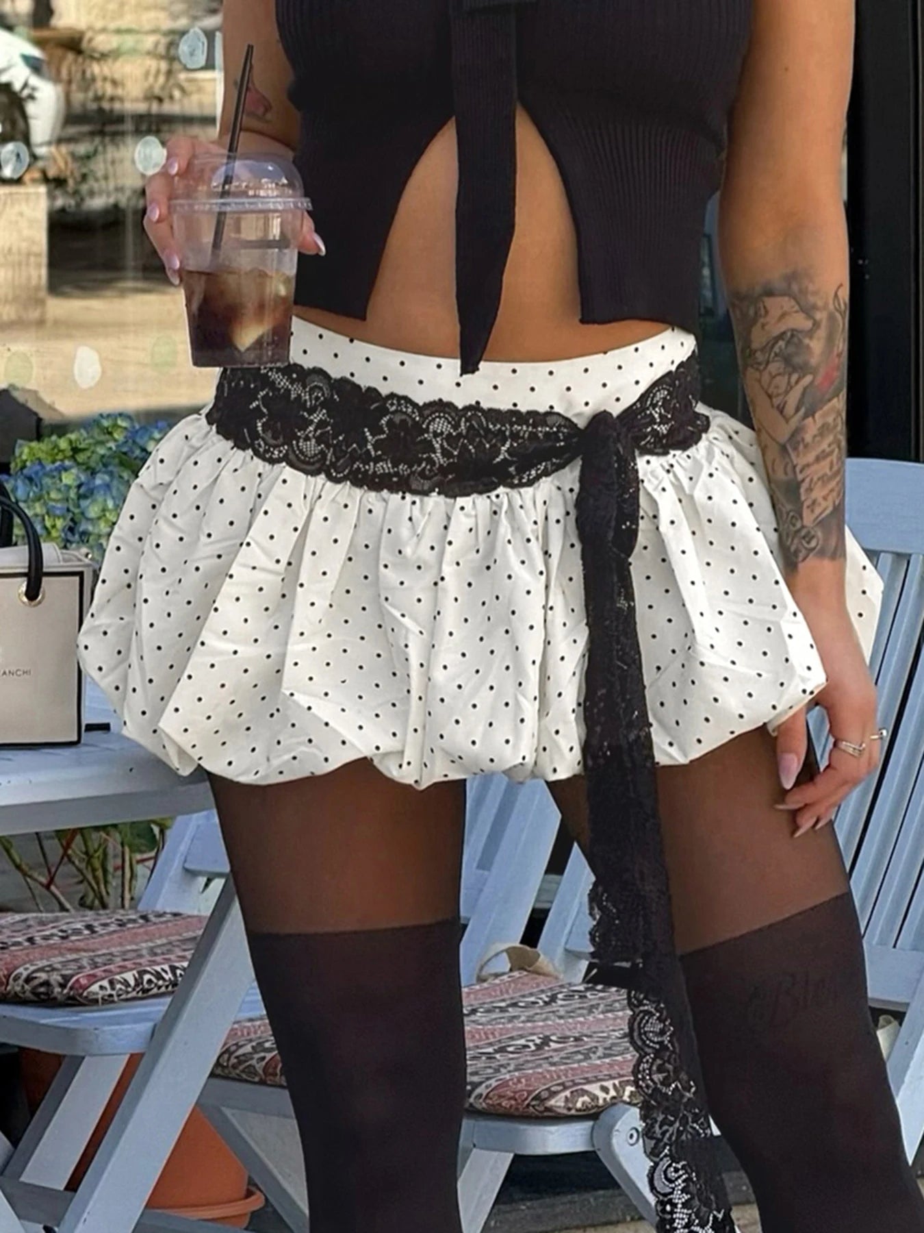 Cyflymder  Holiday Dot Printed A-Line Skirts Sweet Slim Lace Bandage Mid-Waisted Mini Skirts Women Summer Fashion Streetwear