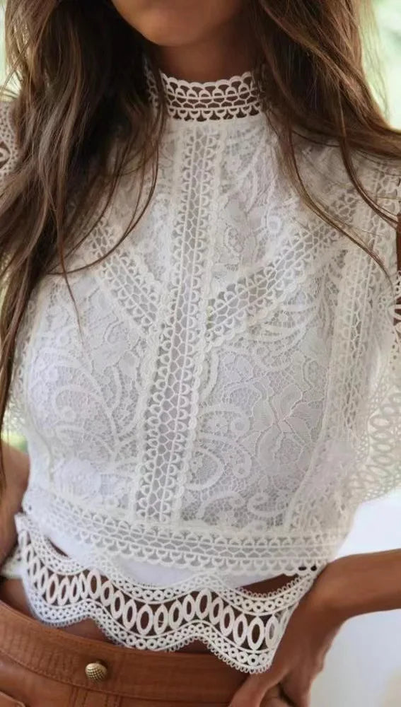 Cyflymder  Sexy Hollow out Pure Color Geometric Pattern Women's Top Lace Chiffon irt Summer New Sle Bestseller Transparent Design