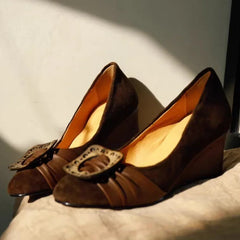 Cyflymder  French Retro Wooden Square Buckle Pumps Women Shallow Mouth Premium Round Toe Wedge Heel Vintage Dress Footwear