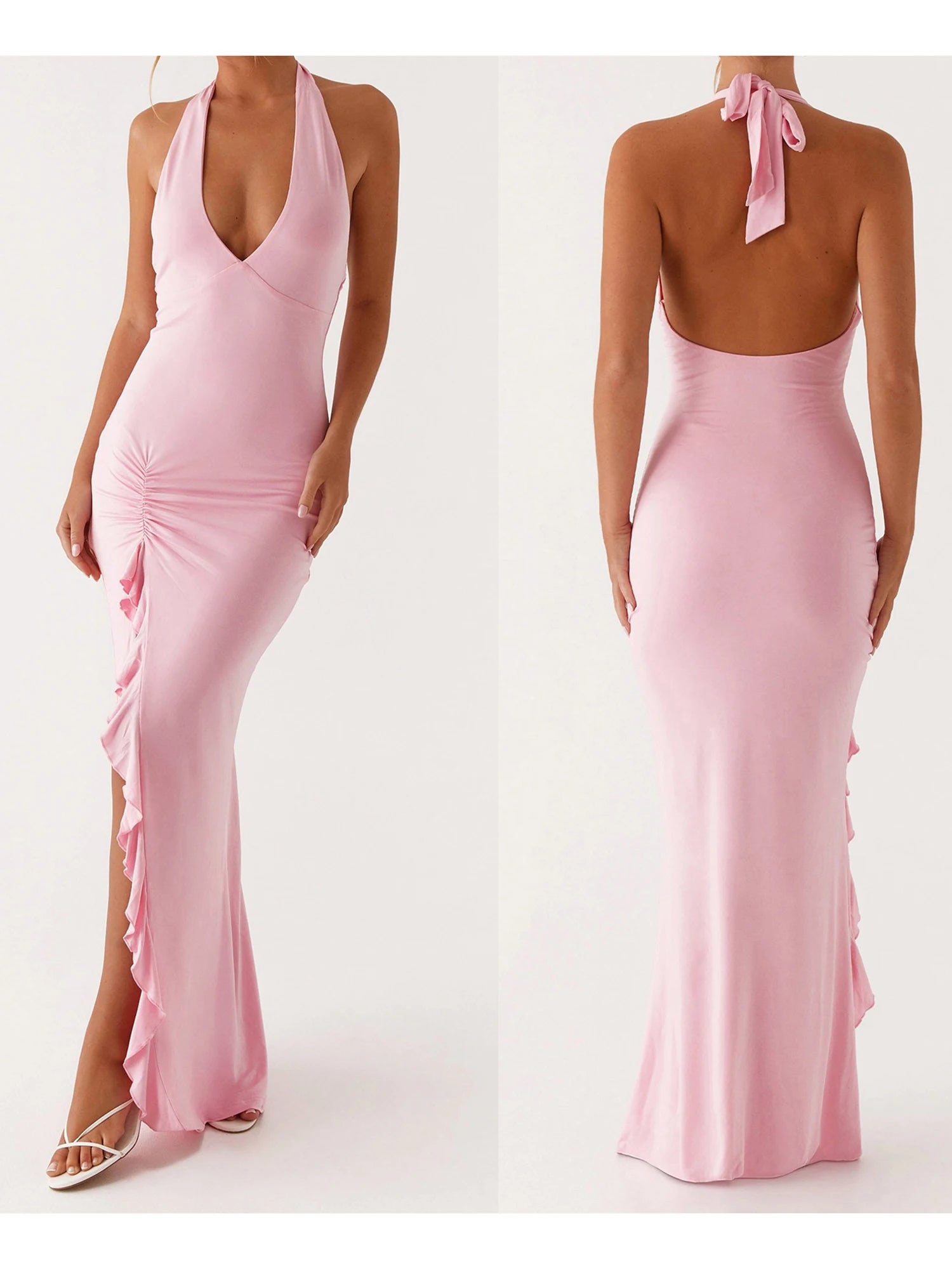 Cyflymder  Elegant Sleeveless Maxi Dress with Flattering Ruched Detail and Chic V-Neckline for Women s Evening Party Wear