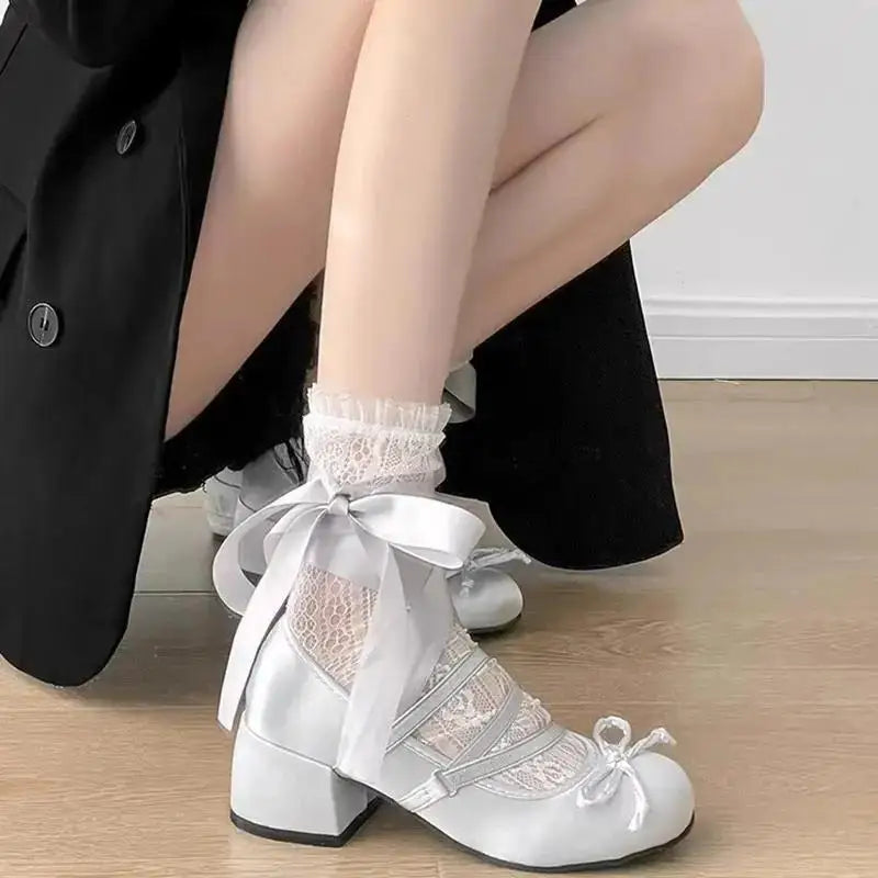 Cyflymder  Lolita Cross Strap Pink Round Toe Shoes Ladies Sweet Butterfly Knot Med Heels Mary Janes Shoes Women Fashion Party Shoes Mujer
