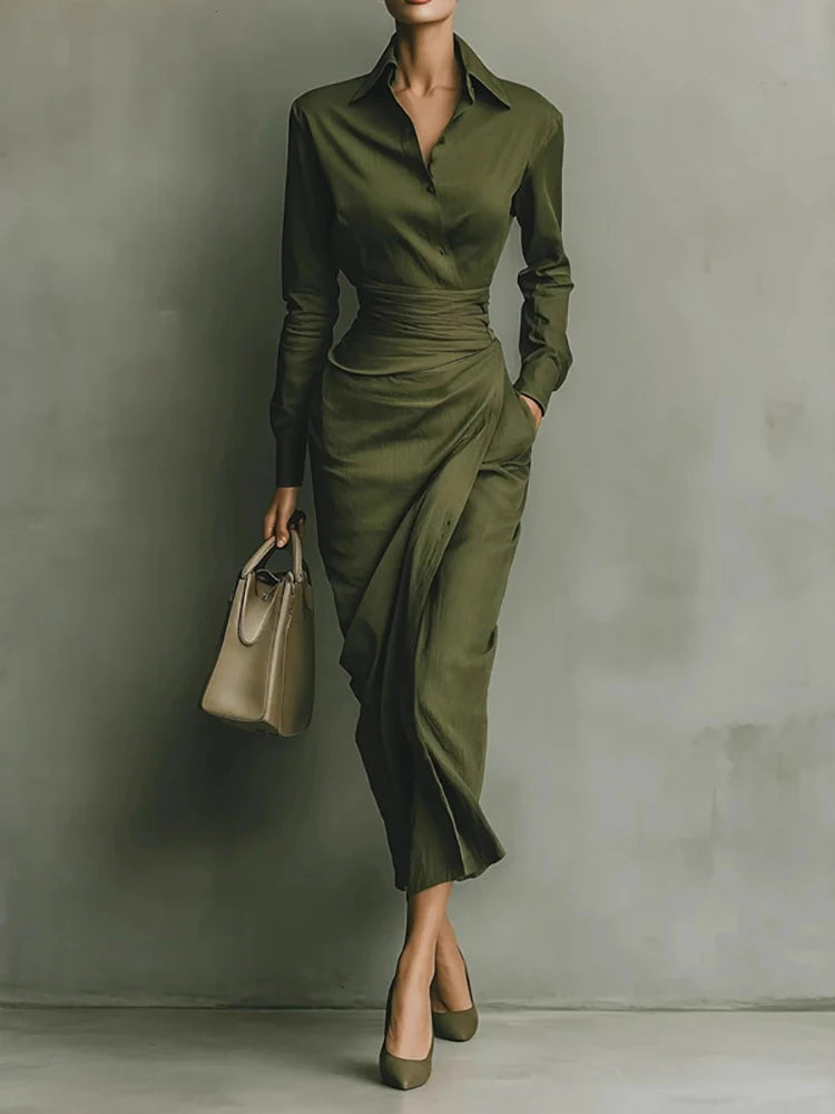 Cyflymder  Elegant Asymmetrical Lapel Women's Midi Dress Green Ruched Long Sleeve Slim Pocket Temperament Fall British Office Lady Dresses