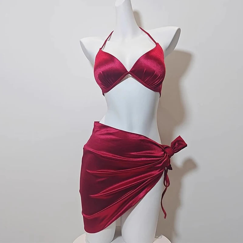 Cyflymder   Spice Girl 3 Piece Sets Swimwear Women Sexy Bandage Split Bikinis Set Beach Cover Up New Vintage Womens Bikini Bathing Suit