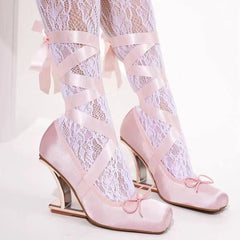 Cyflymder  Brand New Summer y2k Pink Square Toe Ballet Shoes Women Ribbon Lace-up Hollow out Wedge High Heels Party Pumps Daily Life