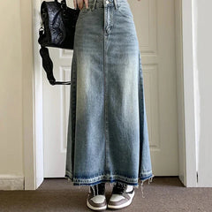 Cyflymder Y2k Raw Edge Stitch Maxi Denim Skirt Plain Casual High Waist Long Jeans Skirt Korean Dongdaemun Retro Women Streetwear