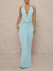 Cyflymder  Women Sexy Sleeveless Backless Gowns Elegant Halter V-neck Lace-Up Vacation Dress Fashion Twist Design Solid Color Long Dress