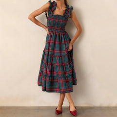 Cyflymder  Women Sleeveless Dress Summer Patchwork Casual Plaid Print Ruffled A-Line Party Dress for Beach Club Streetwear