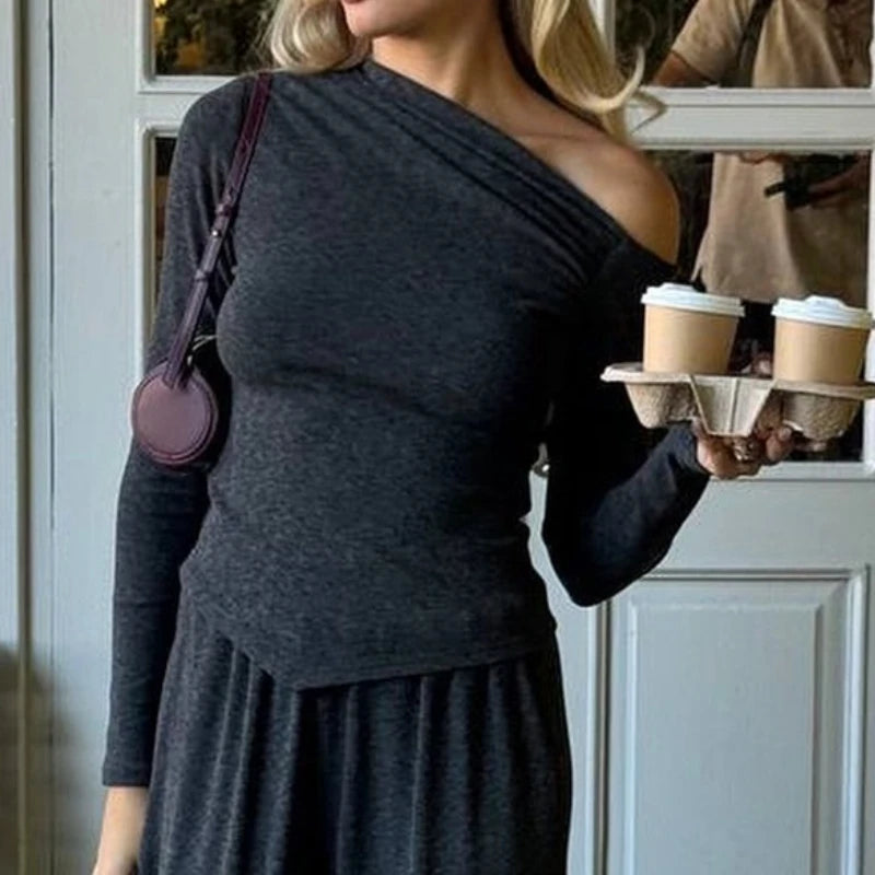 Cyflymder  Euramerican Fashion Office Lady Casual Comfortable Sexy Hot Slanted Shoulder Lrregular Basic Top Loose Trousers Y2k 2 Piece Sets