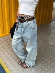 Cyflymder  Women Vintage Light Blue Denim Jeans Retro Wash High Waist Wide Leg Trousers Summer Cool Girl Casual Pants Neutral Tone