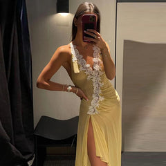 Cyflymder  Women's Beach Vacation Yellow Maxi Dress Lace Trim Deep V Neck Backless High Slit Sleeveless Bodycon Summer Holiday Date Dress