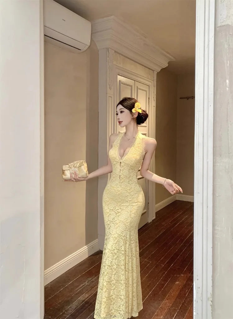 Cyflymder  Sexy Dresses Women Sleeveless Halter Backless Lace Patchwork Slim Stretch Hollow Out Backless Elegant Mermaid Dress Party