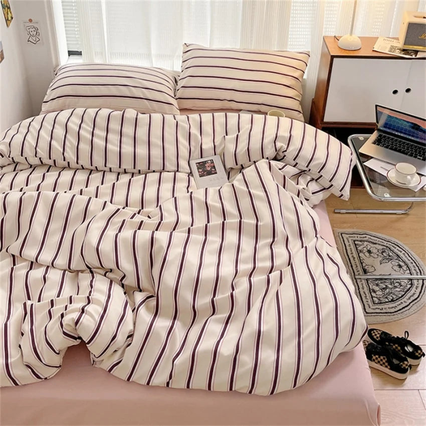 Cyflymder Pure Cotton Home Textile Blue Striped Bedding Set Simple Soft Duvet Cover Sheet Pillowcase Ins Style Bed Linens Queen King Size