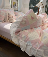 Cyflymder  Cute sweet pink blue rabbit bow cake bedding set,twin full queen lovely kawaii cotton home textile sheet pillow case quilt cover