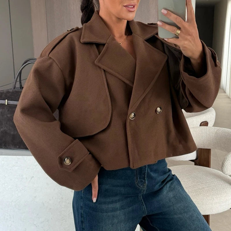 Cyflymder  Fashion Double Breasted Warm Outwear Ladies Casual Streetwear Solid Color Coat Elegant Office Lapel Long Sleeved Autumn Jacket