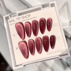 Cyflymder  10pcs Red Handmade Press on Nails Tips Acrylic Mid-length Almond False Nails Woman Wearable Solid Color Cat's Eye Fake Nail Set