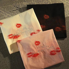 Cyflymder  American Sle High Street Pure Cotton Retro Lip Print Embroidery ort Sve T-irt ex Loose Large Size Trendy Brand