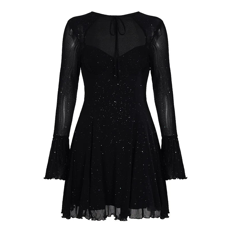 Cyflymder  Sexy Sparkly Sheer Mesh Party Dress Women Fashion Black Tie-up Low Cut Front Long Sleeve A Line Mini Midnight Club Dress