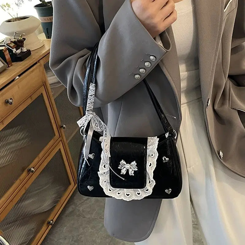 Cyflymder  Fashion Patchwork Lace Office Lady Shoulder Bags Sweet Heart Elegant Women Underarm Bag Luxury Design Y2k Aesthetic Ins Handbags