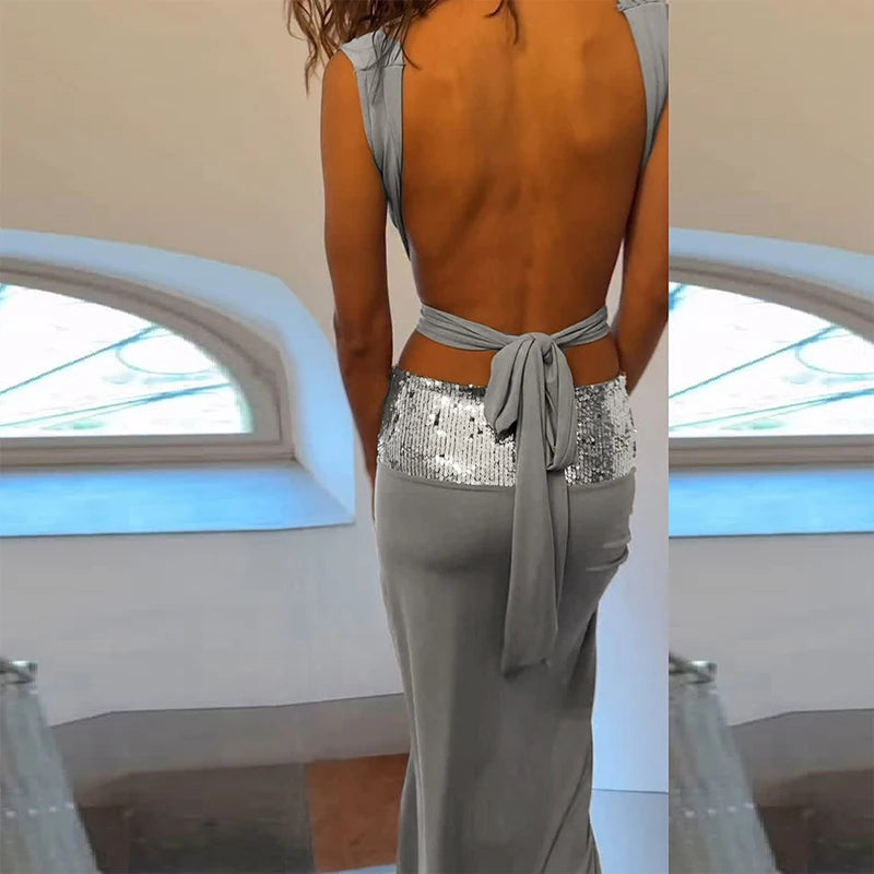 Cyflymder  Elegant Shiny Splicing Slim Suit Fashion O-neck Cross Hollow Tops & Long Skirt Set Women Casual Sleeveless Solid 2 Piece Outfits