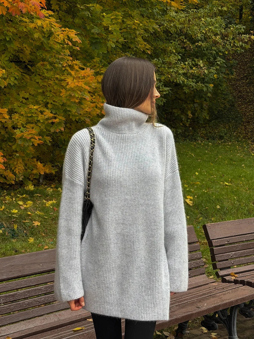 Cyflymder  Turleneck Knitted Sweater Women's Solid Loose Fashion Pullover Sweater Autumn Winter Warm Female Casual Gray Top Female