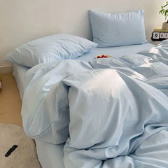 Cyflymder  INS Korean Style Fresh Blue Duvet Cover Washed Cotton Bed Sheet Bed Skirt Four-Piece Set Dormitory Simple Solid Color