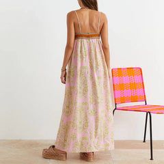 Cyflymder  Women Vintage Boho Graffiti Cami Long Dress Spaghetti Strap Square Neck A Line Flowy Sundress Beach Maxi Dress