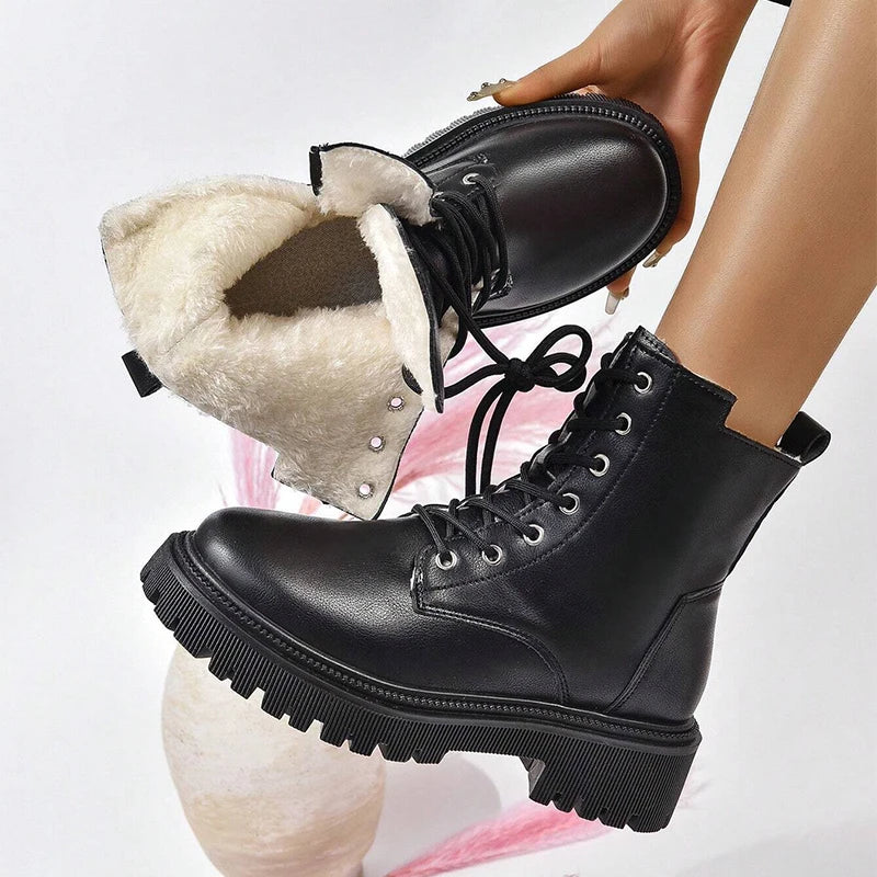 Cyflymder Classics Beige Black Lace Up Ankle Boots Women's Thicken Plush Winter Boots Pu Leather Side Zipper Square Heel Short Boots