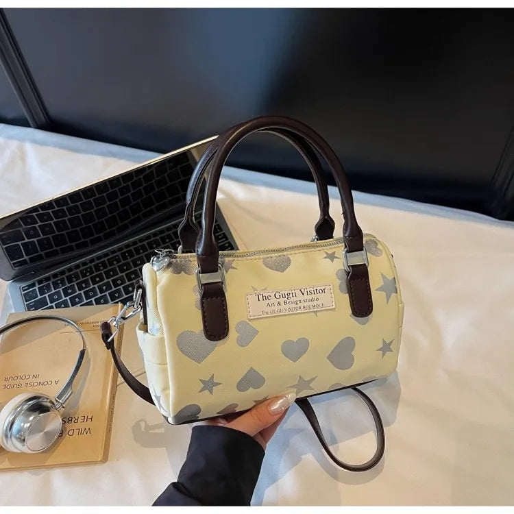 Cyflymder  Harajuku Style Heart Star Print Canvas Bag Women Sweet Cute Boston Bag Ladies Versatile Fashion Trendy Handbag Y2k Aesthetic New