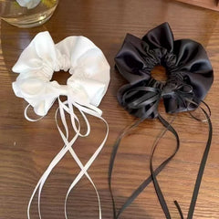 Cyflymder  1PC White Satin Bow Scrunchie, Large Elegant Hair Tie With Long Ribbon, Romantic Bridal-Style Hair Accessory For Women