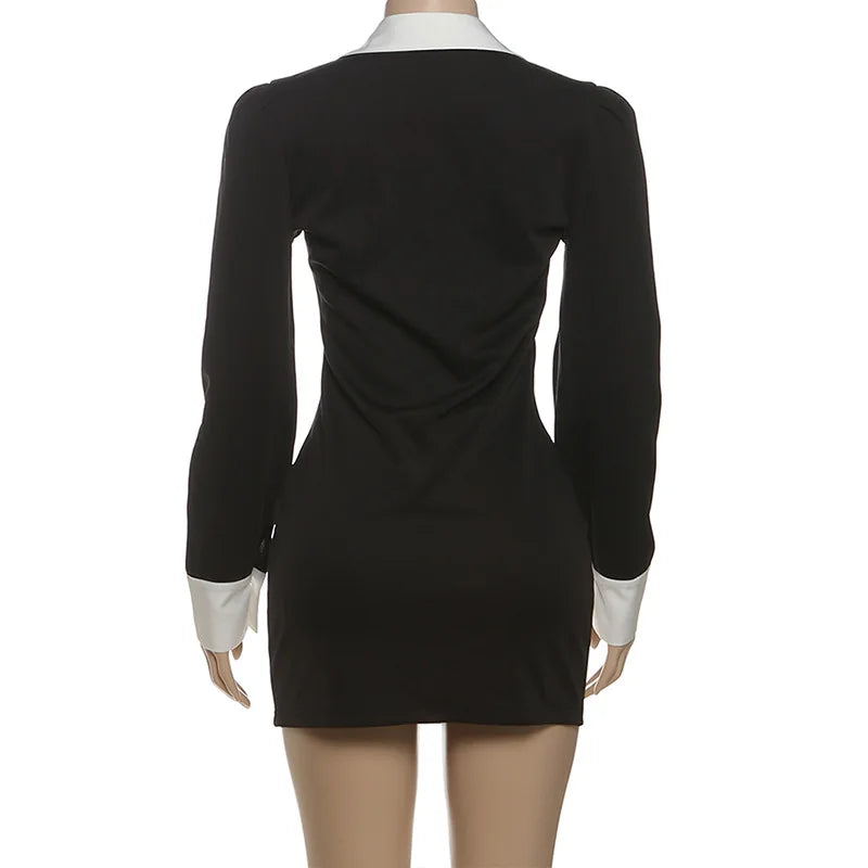 Cyflymder  Color Patchwork Mini Dress Autumn Women Fashion Turn Down Collar Long Sleeve Slim Bodycon Streetwear Office Lady Outfits