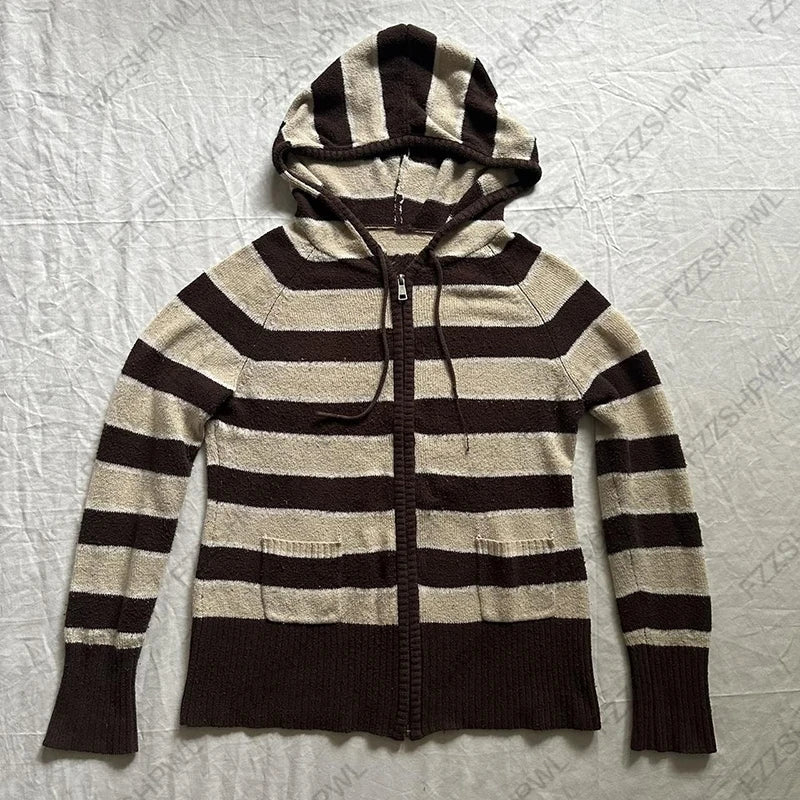 Cyflymder  Women Y2K Striped Hooded Knit Cardigan Full Zip Long Sleeve Pockets Vintage Casual Knit Jacket Streetwear