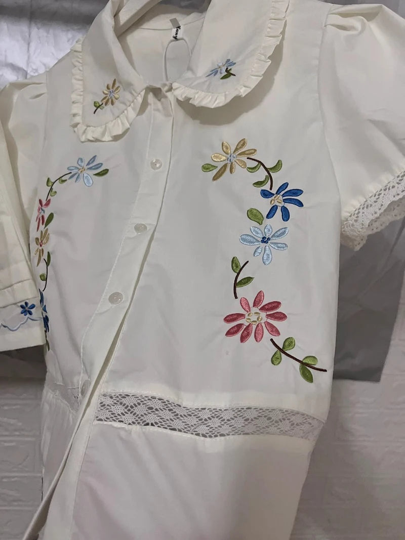 Cyflymder  2 Piece Sets Women Outfit Kawaii Lace Floral Embroidery Short Sleeve Shirts Vintage Cute Mini Skirt Summer New In Matching Sets