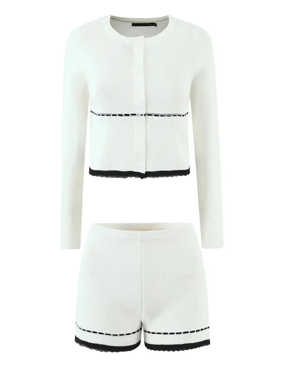 Cyflymder  Hit Color Knit Two Piece Set for Women O Neck Long Sleeve Spliced Buttons Top Low Waist Shorts Casual Suit Female