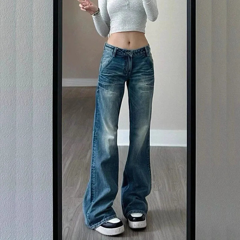 Cyflymder  Vintage Straight-Leg Jeans Women 2025 New Y2K Low Waist Pocket Loose Denim Pants Woman Korean Fashion Slimming Wide Leg Trousers