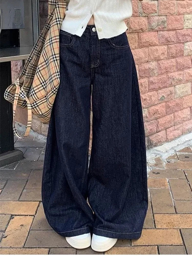 Cyflymder  Women Wide Leg Jeans Deep Blue High Waist Baggy Pants Streetwear Loose Fit Denim Trousers Cool Girl Casual Straight Leg