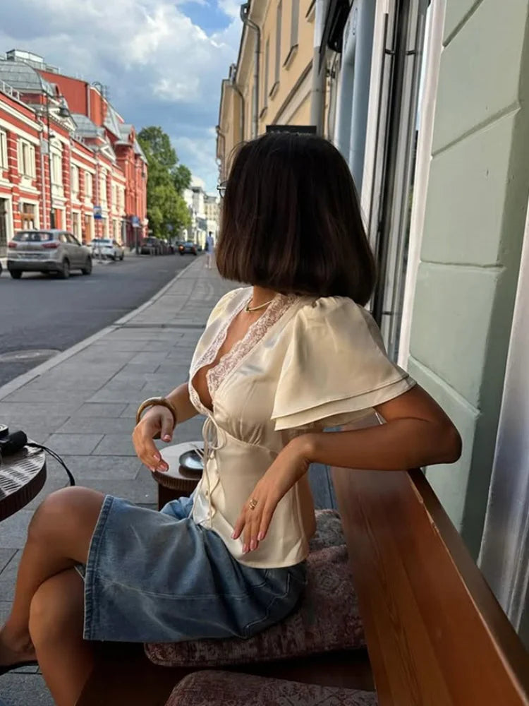 Cyflymder  Lace Patchwork Short Sleeve Tops for Women V Neck Sheath Solid Tees Fashion Female Sexy Club T-shirts Elegant Casual