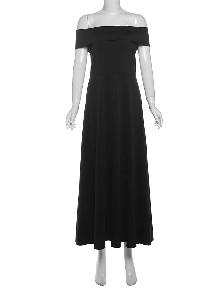 Cyflymder  Classic Sexy Slash Neck Dress Women Elegant Solid Simple Office Birthday Evening Cocktail Party Stretchy Maxi Bodycon