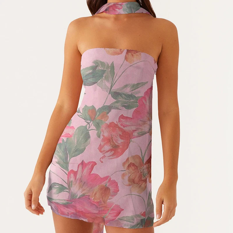 Cyflymder  Sexy Floral Strapless Tube Mini Dress Y2K Slim Fit Backless Bandeau Dress Going Out Night Party Vocation Dresses